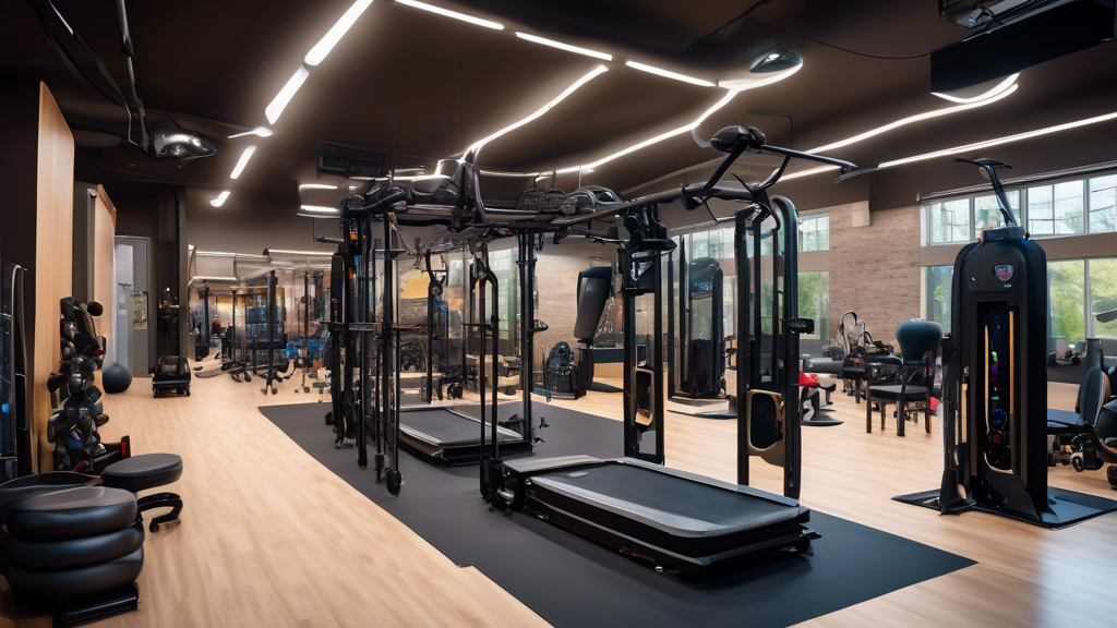 A high-tech gym showcasing adaptive fitness equipment designed for people with physical limitations. Highlight a wheelchair-accessible treadmill, an adjust
