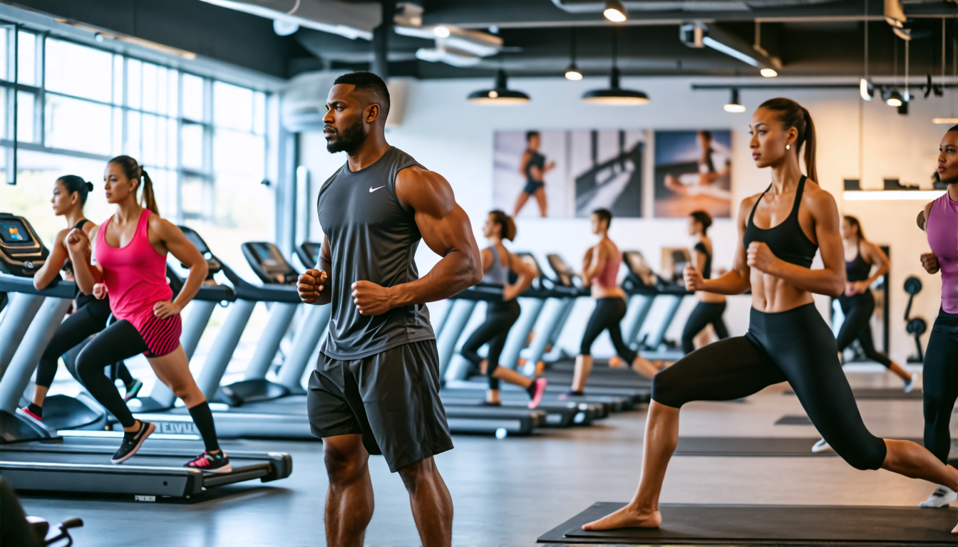 A diverse group of people engaged in various fitness activities in a modern gym, showing different levels of intensity and expertise. Some individuals are