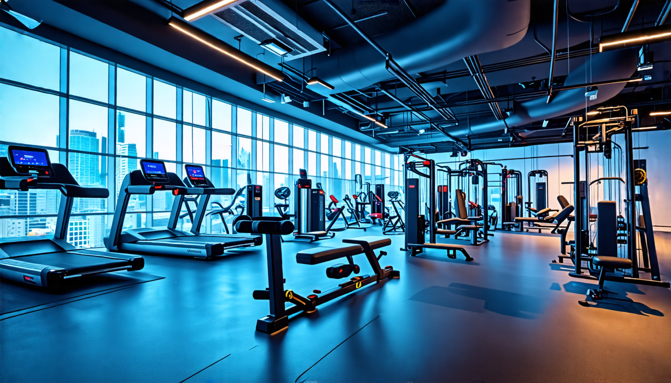 A modern, high-tech fitness gym featuring innovative safety-enhanced fitness bars with ergonomic grips, padded surfaces, and built-in sensors that track us