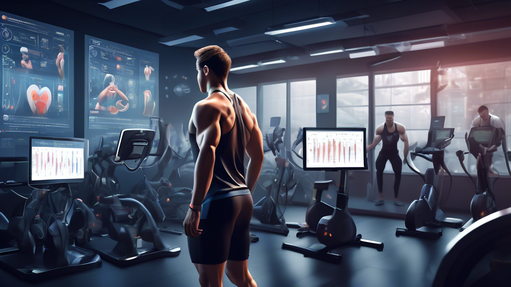A detailed illustration of an athlete looking exhausted and overworked in a high-tech gym environment, with monitors displaying various biometric readings