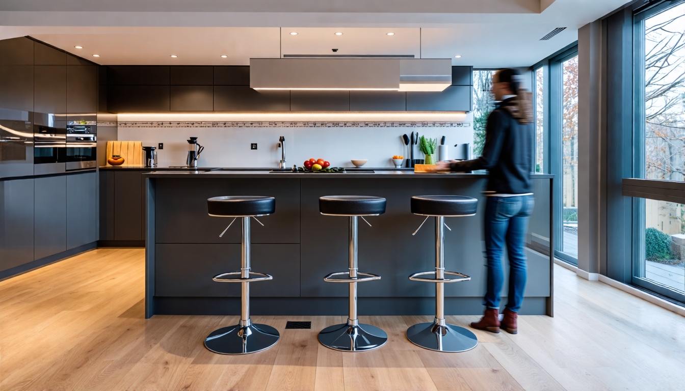 An image of a sleek modern kitchen with adjustable bar stools around a polished island. The bar stools have a mechanism for changing heights, and a person