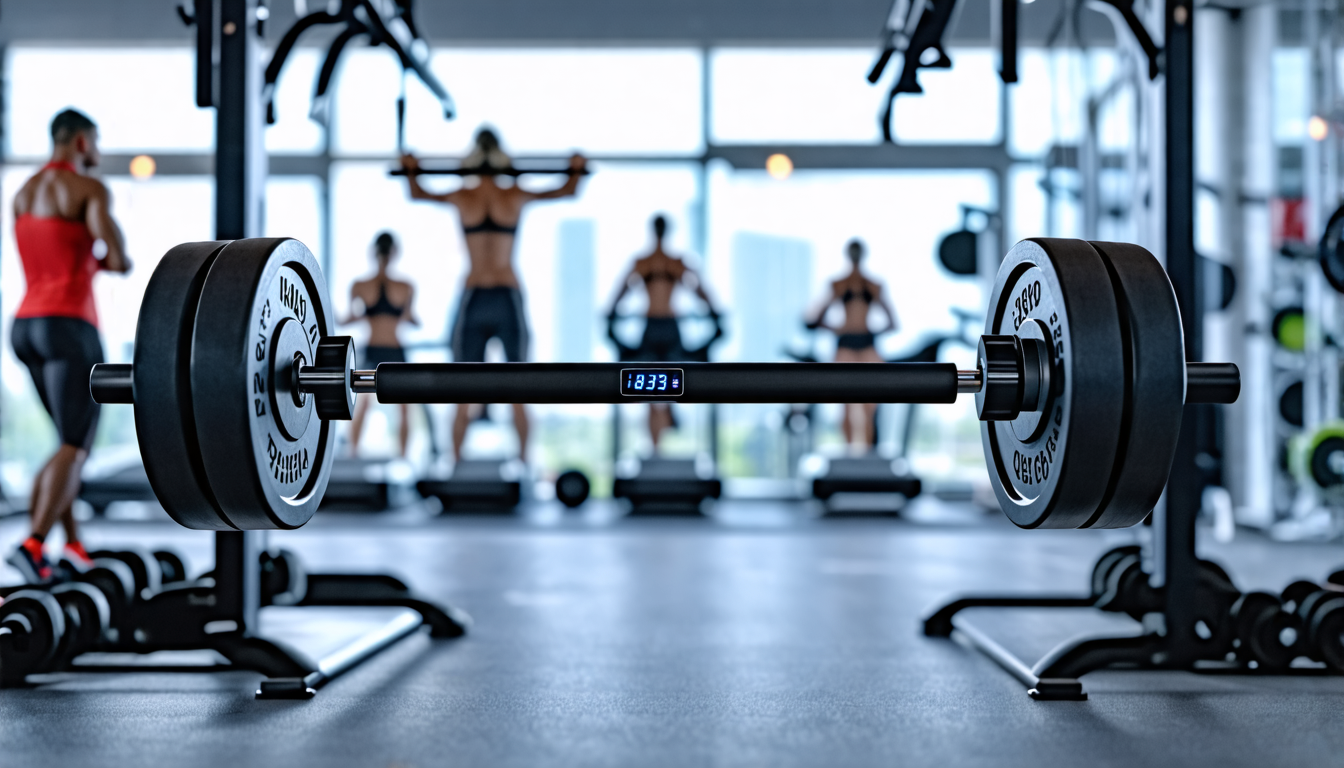 Create an image showcasing a modern fitness bar set up in a sleek, high-tech gym. Show various advanced fitness bar accessories, including ergonomic grips,