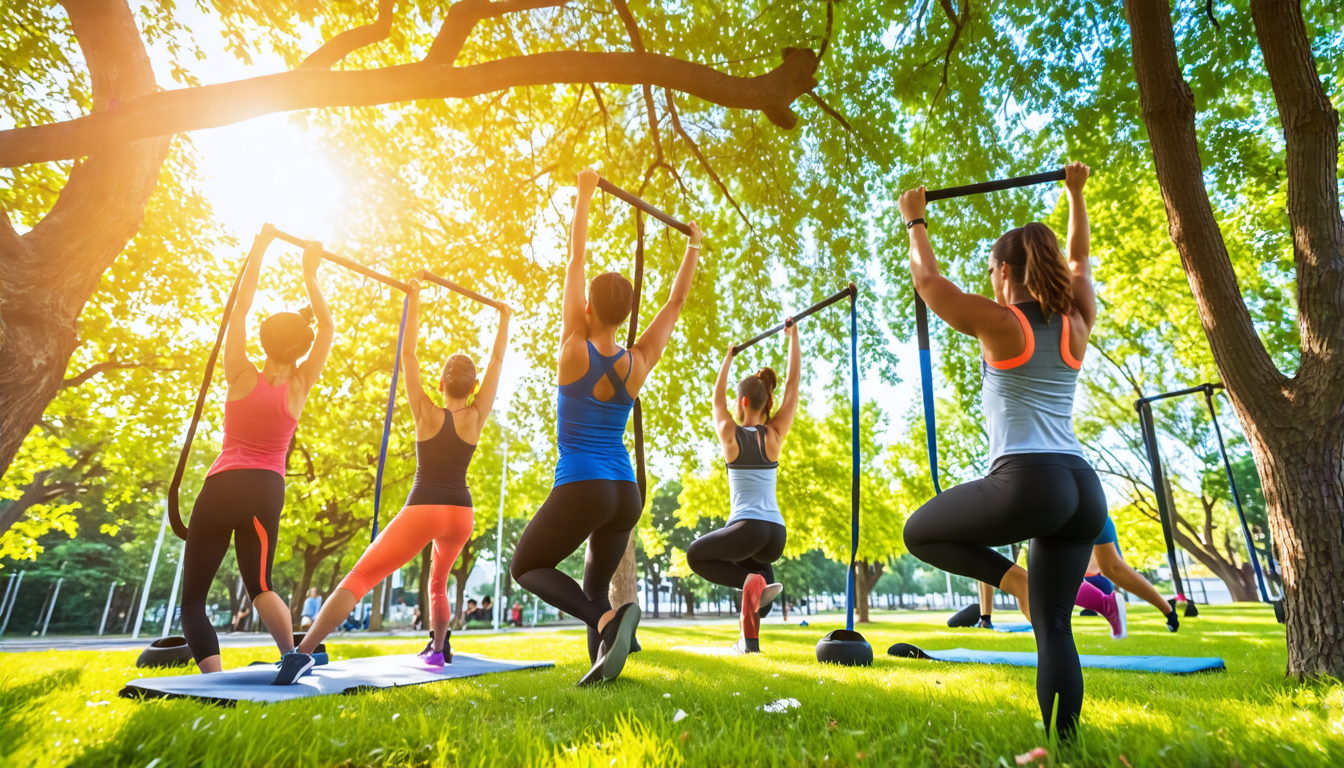 A diverse group of people exercising with portable fitness bars in a park, showcasing their versatility. Some are doing pull-ups from tree branches, others