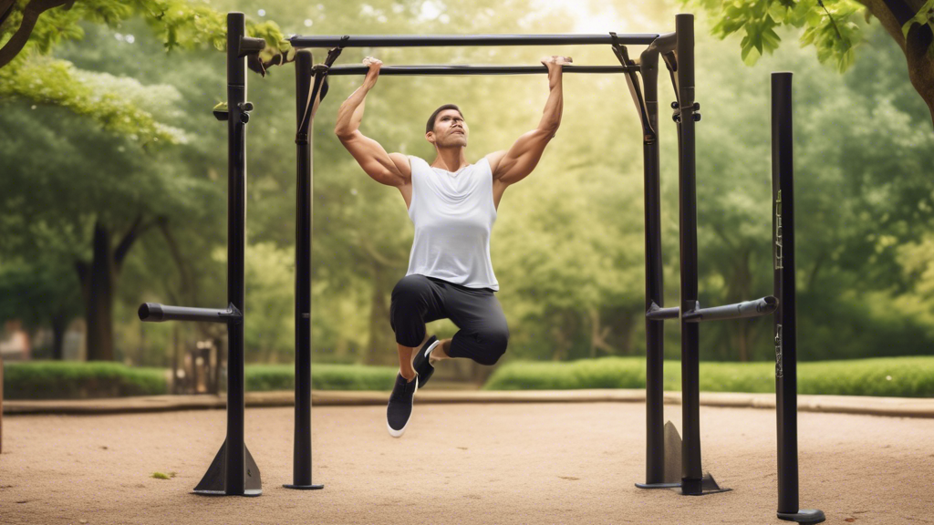 Create an image of a person performing archer pull-ups on a sturdy pull-up bar in an outdoor setting. The individual should be shown in the middle of an ar