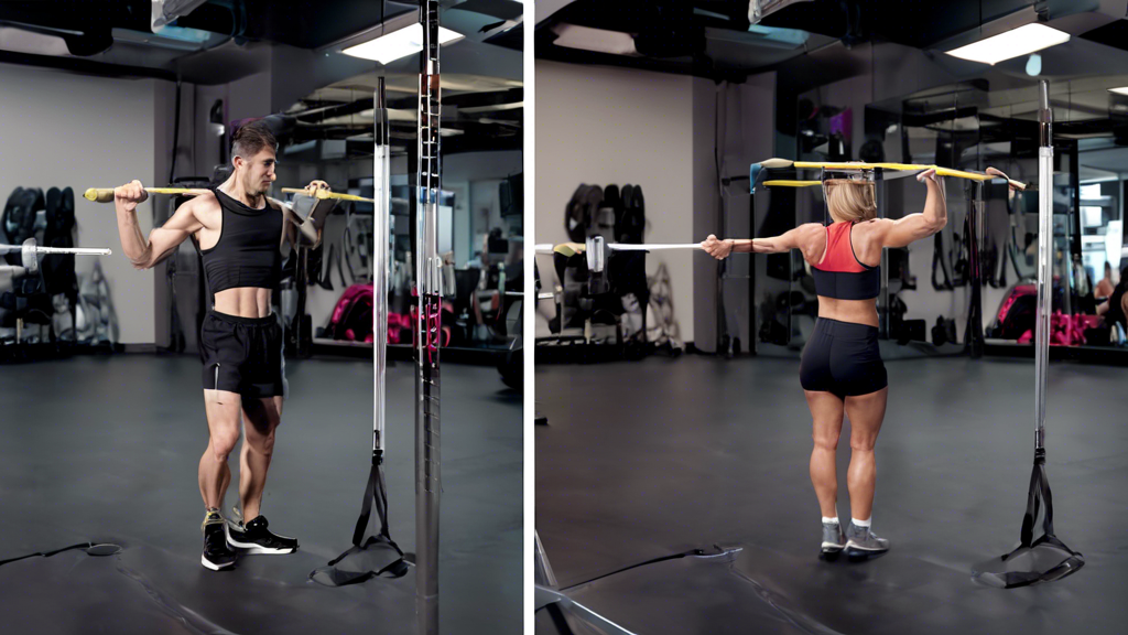 A split-screen image showing a comparison between resistance bars and traditional fitness bars in a gym setting. On the left side, a person is shown using