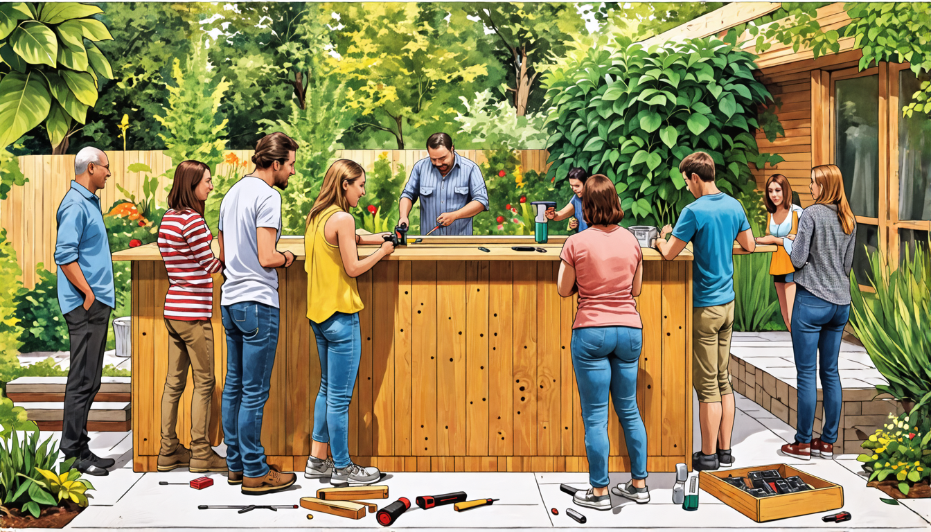 A detailed illustration of a group of people collaboratively assembling a free-standing bar in a modern outdoor setting. The scene features a partially con