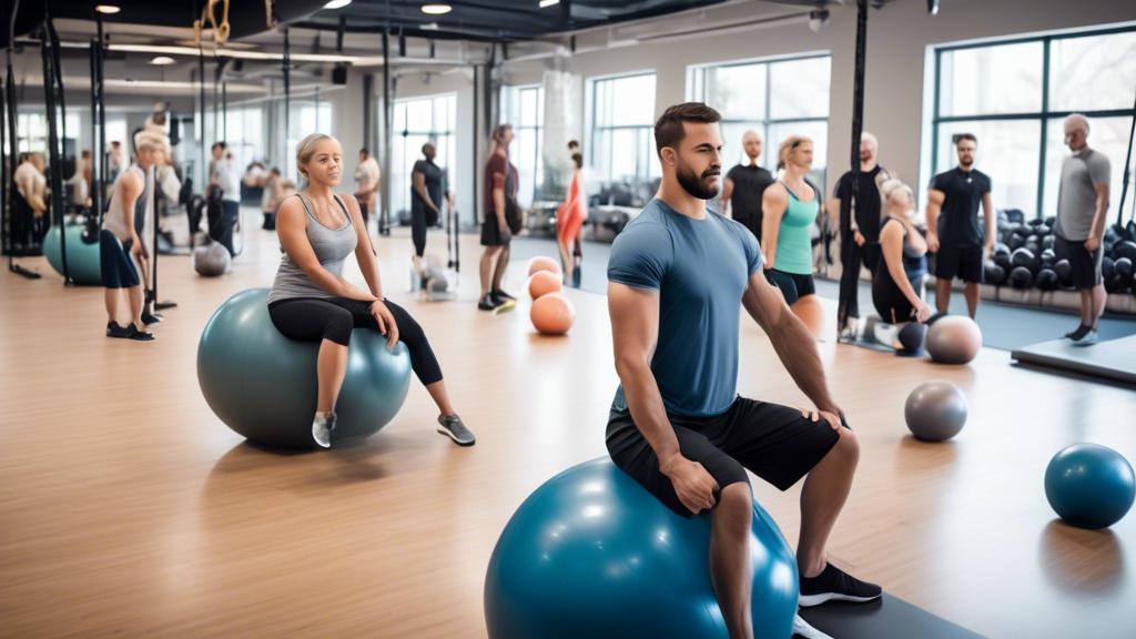 A diverse group of individuals participating in various physical assessments in a modern gym setting. Some are lifting weights, others are doing balance ex