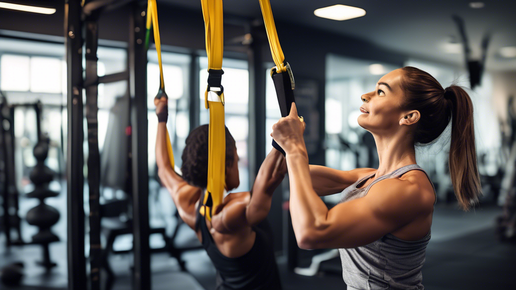 Create an image of a beginner-friendly gym setting featuring an individual performing assisted pull-ups with the aid of resistance bands. The person should