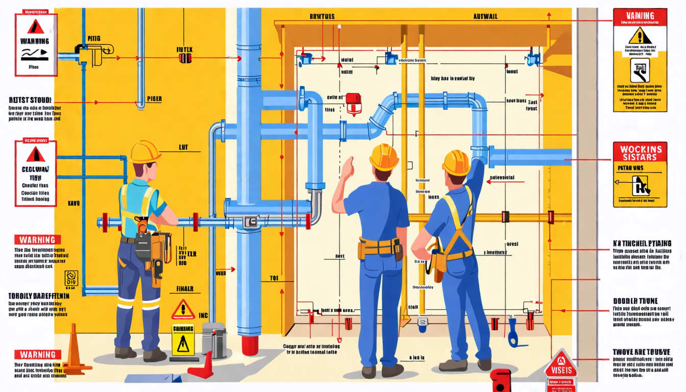 A detailed illustration of a construction site where workers are successfully installing various components such as piping, electrical systems, and drywall