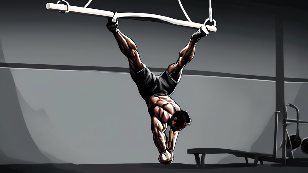 A detailed illustration of an athlete performing a back lever on gymnastic rings, showcasing the strength and precision required for the technique. The bac