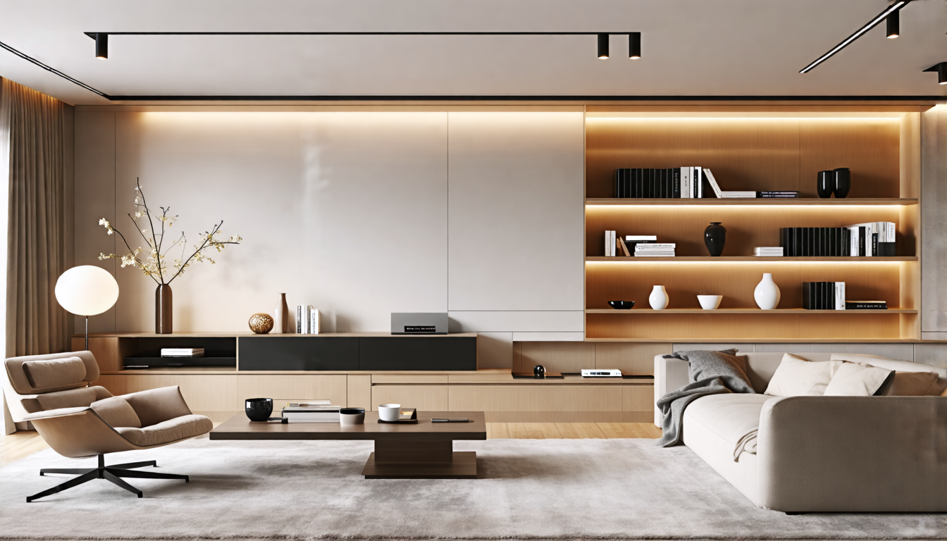 A modern living room showcasing a sleek, minimalist design with multifunctional furniture and contemporary decor. The room features a stylish sofa with bui