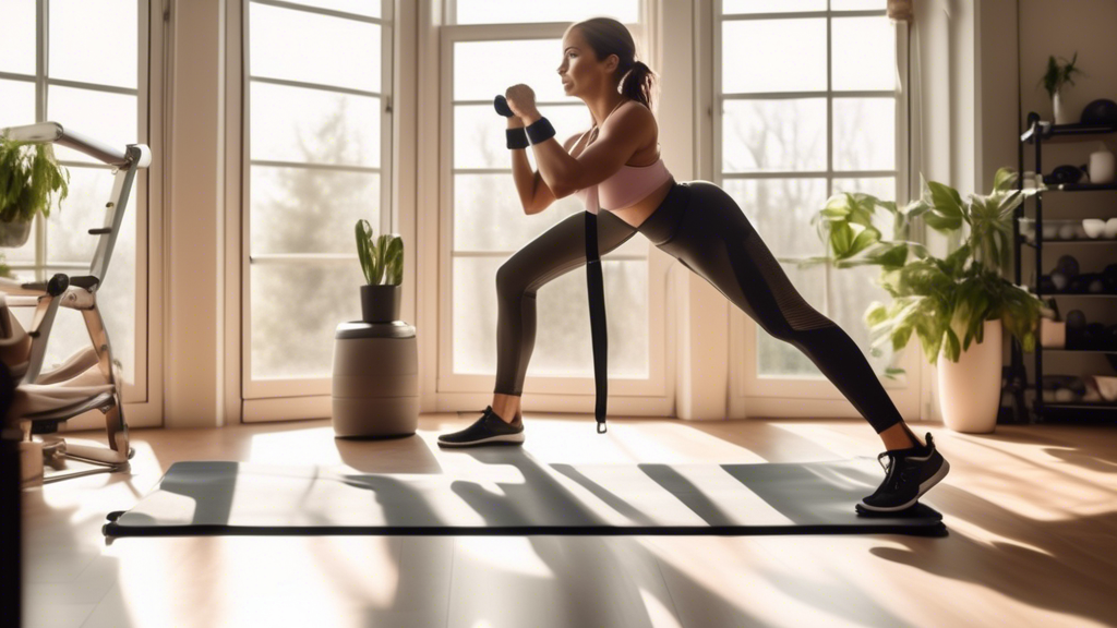 A person using a home fitness bar in a stylish living room, performing exercises like pull-ups, chin-ups, and leg raises, with a workout mat and some small