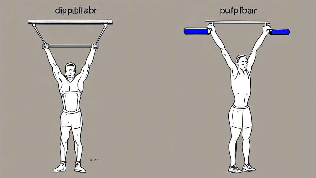 Create a detailed comparison illustration showing a pull-up bar and a dip bar side by side. The pull-up bar should be depicted as a horizontal bar typicall