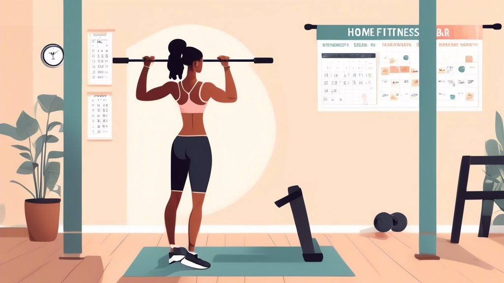 Illustration of a person using a home fitness bar in a well-lit, organized home gym. The background includes motivational posters and a workout schedule ca
