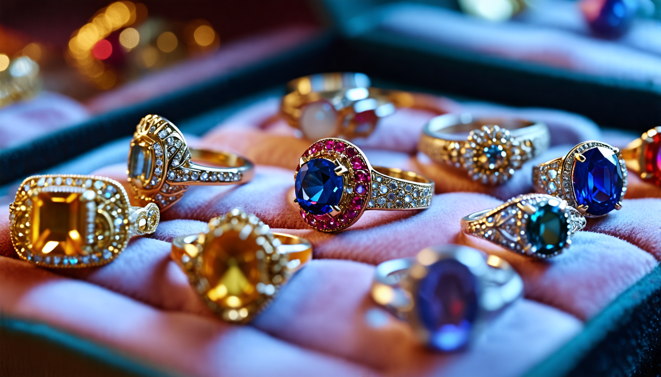 Create an image of a collection of diverse rings displayed on a velvet cushion. Each ring is unique in design, featuring various gemstones, metals, and int