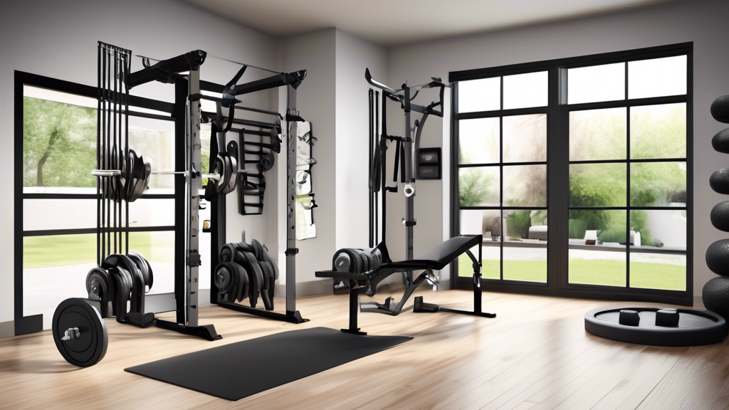 Create an image showing a variety of home fitness bars displayed in a modern home gym setting. Include a pull-up bar mounted on a doorway, a barbell with w