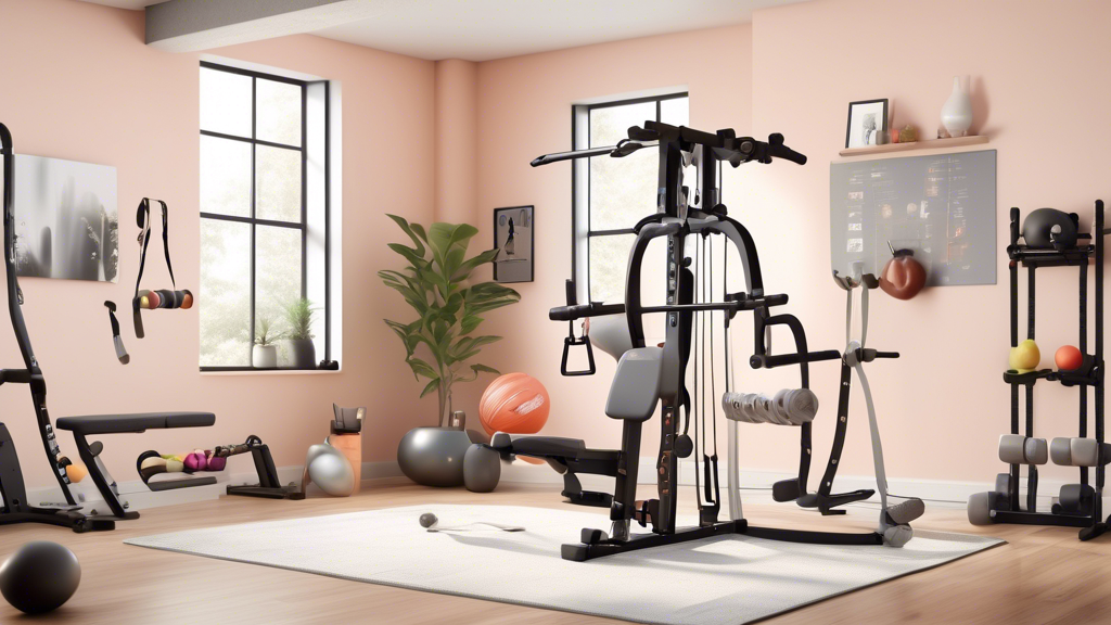 Create an image of a brightly lit home gym setup featuring various fitness bars neatly arranged. Highlight a beginner-friendly fitness bar prominently in t