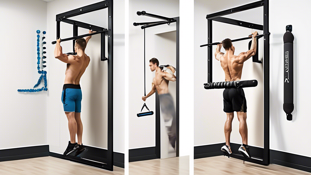 Create an image depicting a comparative analysis between a wall-mounted fitness bar and a door-frame fitness bar. On the left side, show a person using a s