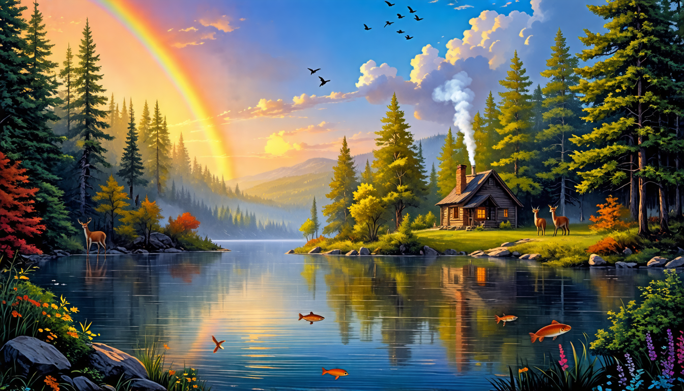 A picturesque landscape showcasing a tranquil lake surrounded by dense forest, with a variety of wildlife such as deer, birds, and fish living harmoniously