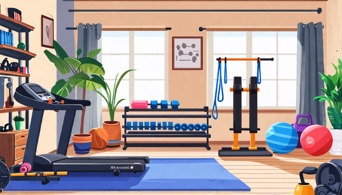 Create an image showing a cozy home gym setup in a small apartment. Depict affordable, space-saving fitness equipment like resistance bands, foldable weigh