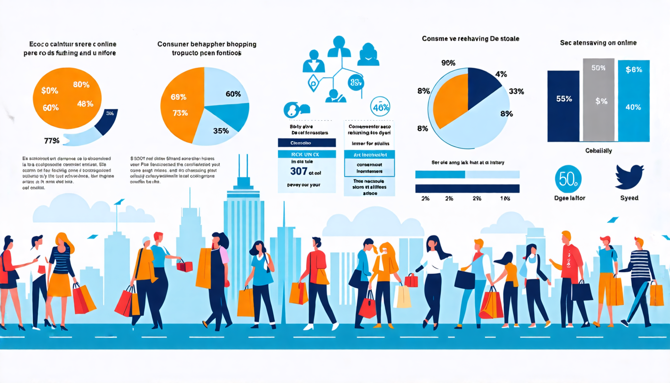 A detailed infographic depicting various consumer behavior trends; segmented charts show how different age groups prefer shopping online vs. in-store, grap