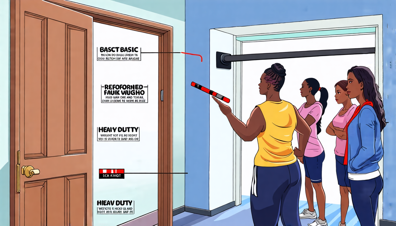 A detailed illustration of a door-frame fitness bar installed in a doorway, with labels indicating different weight limits and types of bars (such as basic