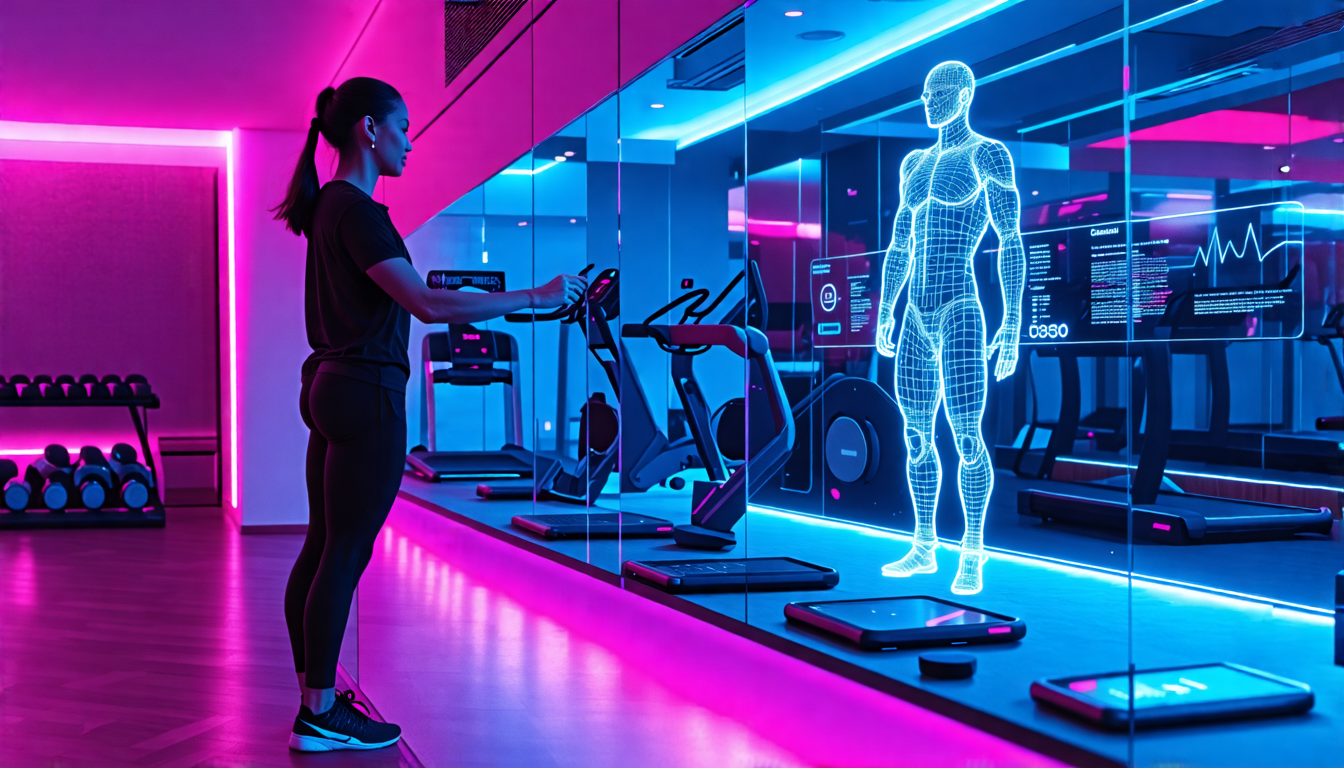 A modern, sleek fitness bar with an AI-powered personal trainer hologram assisting a person with their workout. The bar is equipped with smart mirrors that