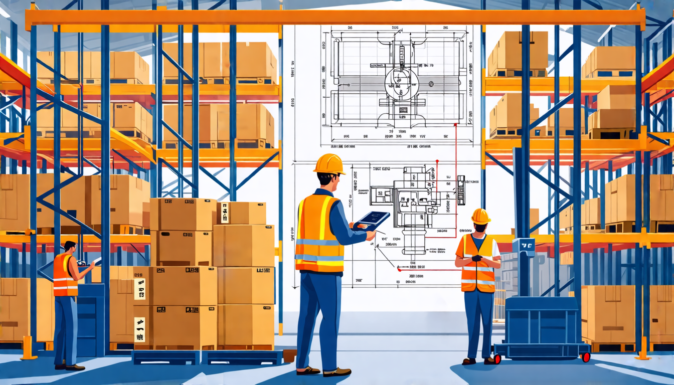 An industrial warehouse scene with a variety of heavy machinery and storage racks filled with large crates and boxes. Workers in safety gear are using digi