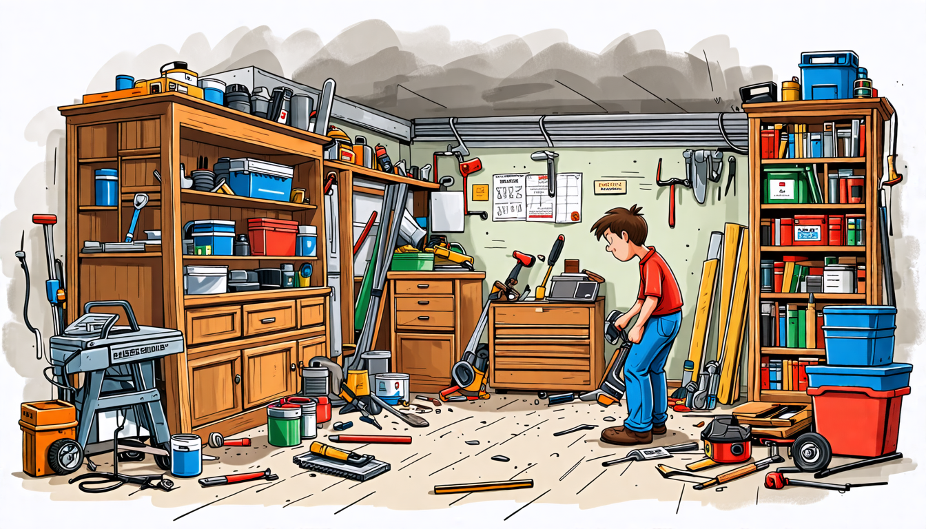A detailed illustration of a cluttered home garage where someone is working on a DIY project. The person is looking frustrated, surrounded by various tools
