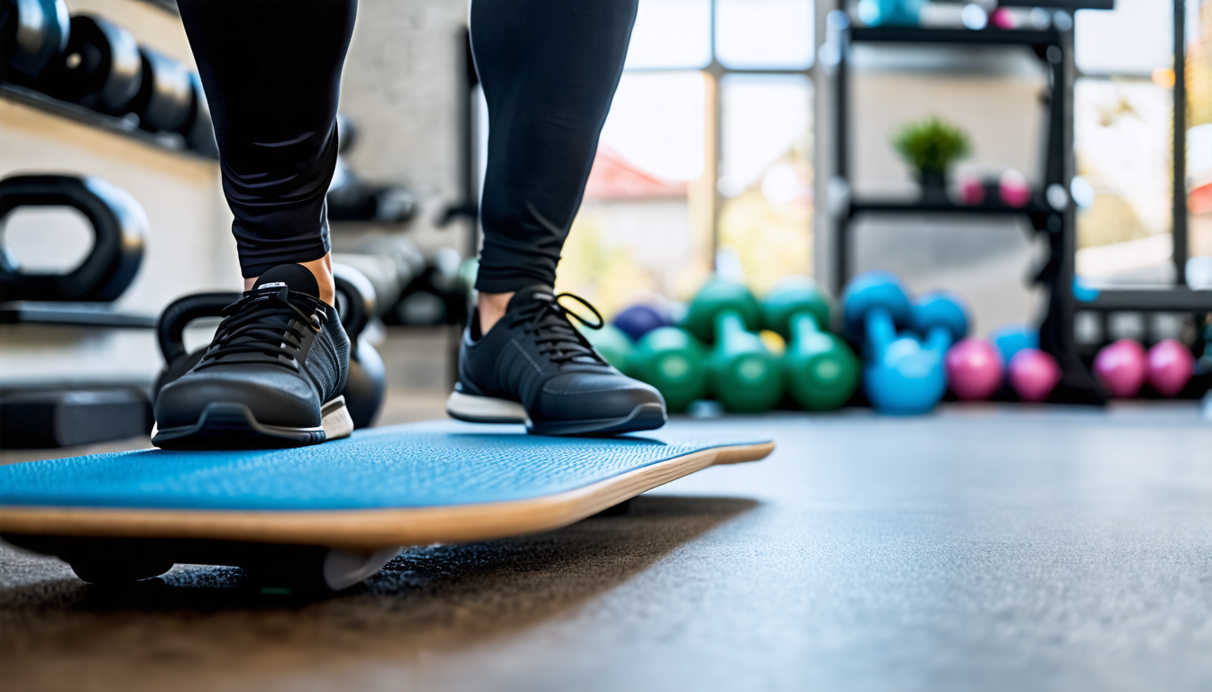 An image depicting a person engaged in core training on a balance board in a modern gym setting. The individual is maintaining focus and stability while pe