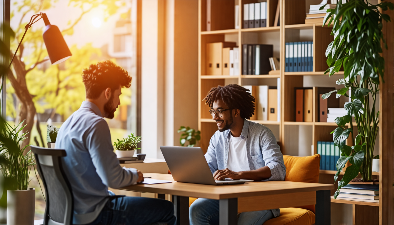 A serene, modern apartment with a cozy study nook, where a young professional works on a laptop while a mentor offers guidance across the desk. In the back