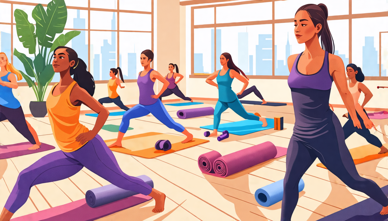 An illustration of a diverse group of beginners engaging in flexibility and mobility exercises in a bright, open gym space. The participants are relaxed an