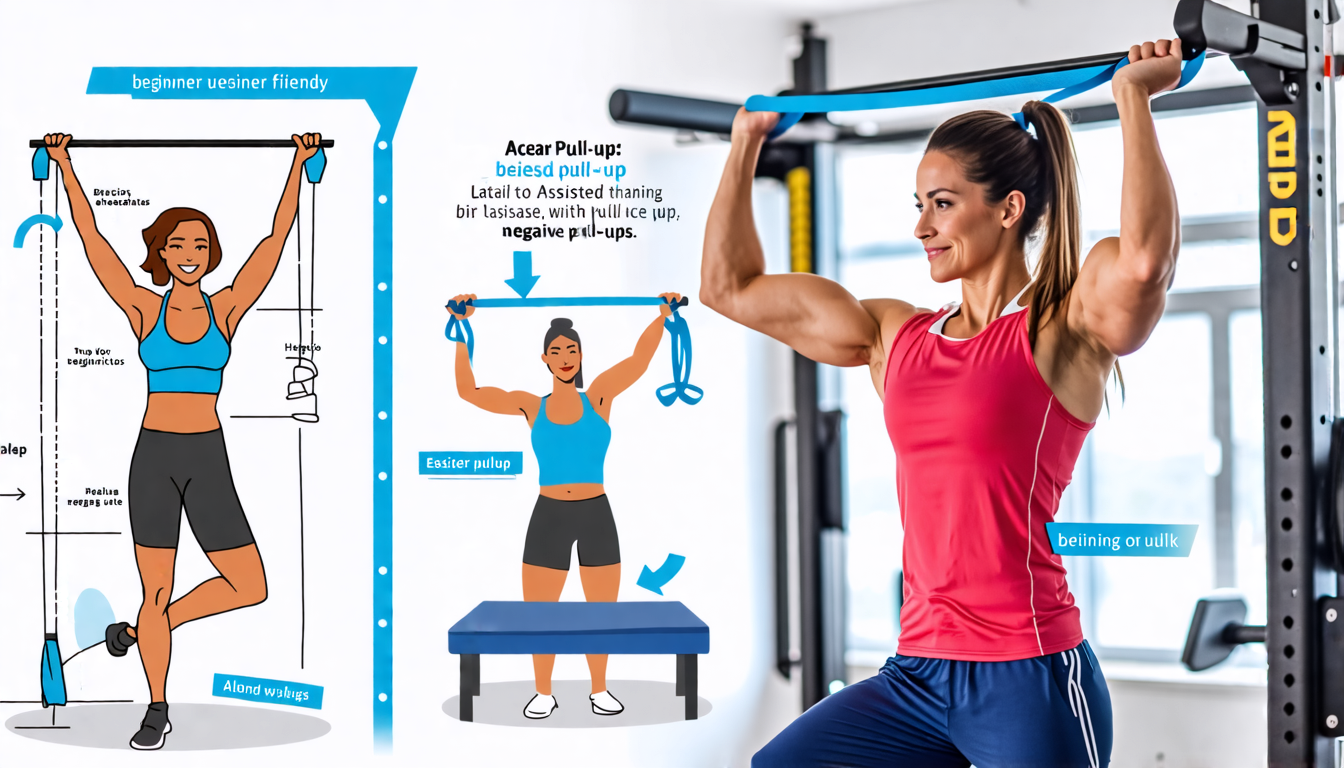 A friendly fitness instructor demonstrating beginner-friendly pull-up variations with clear instructions, featuring diverse individuals of different ages a