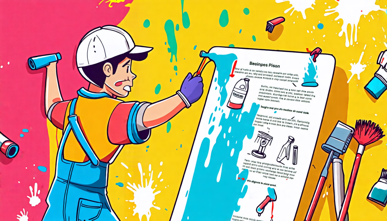 A colorful illustration of a person nervously painting a wall, accidentally spilling paint everywhere. In the background, there are scattered tools and a s
