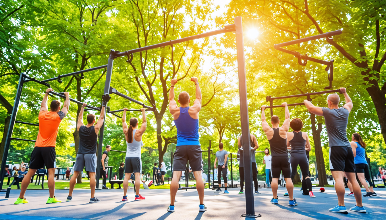 A vibrant outdoor gym scene featuring people of various ages and fitness levels engaging in different calisthenics bar workouts. Some are performing pull-u