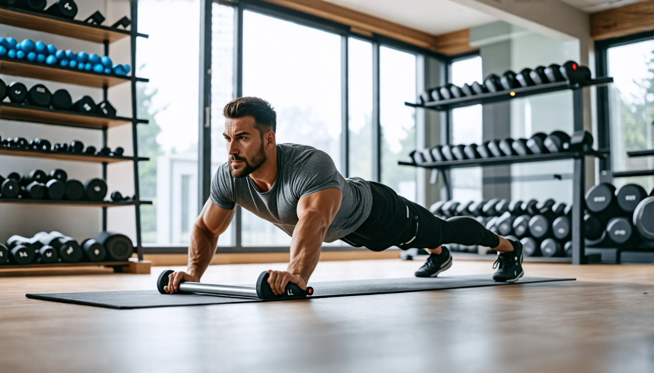 A person performing push-ups using a fitness bar in a modern home gym, showcasing proper form and technique. The background features various fitness equipm