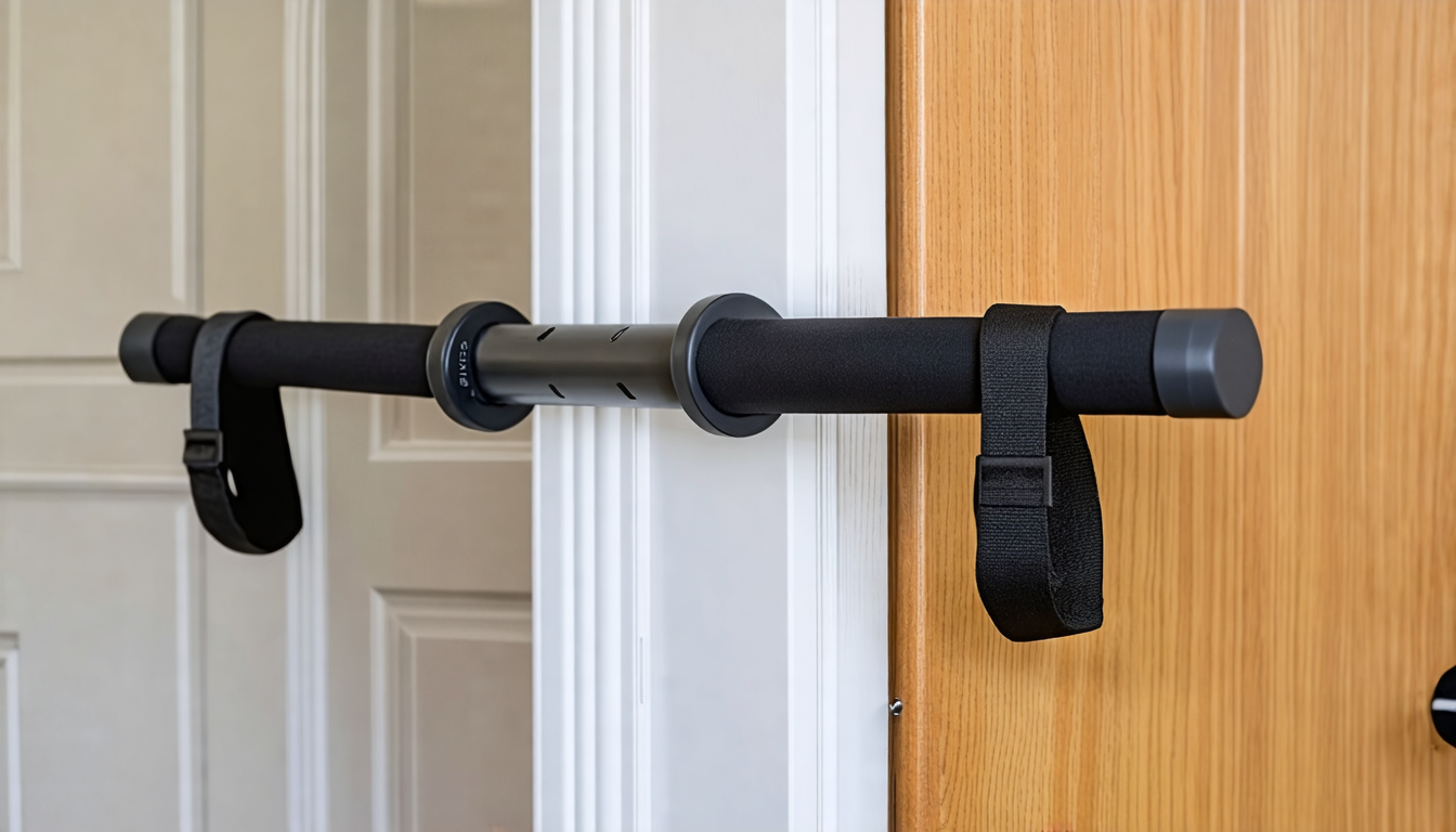 An image of a fitness bar securely attached to a doorway without any visible drilling or screws, showcasing tension-mounted mechanisms and padded grips for