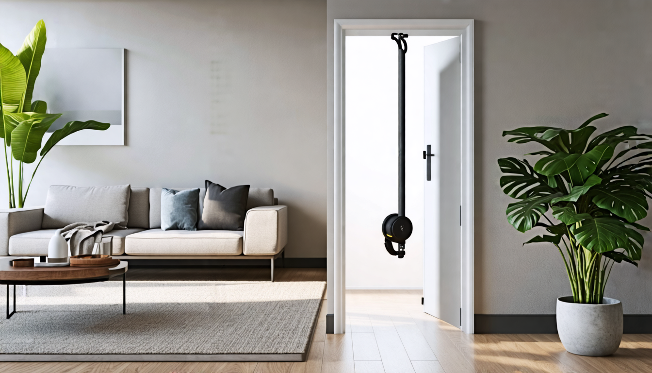 A modern apartment living room with minimalistic decor, featuring a sleek and unobtrusive fitness bar securely installed in a doorway. The setting shows th
