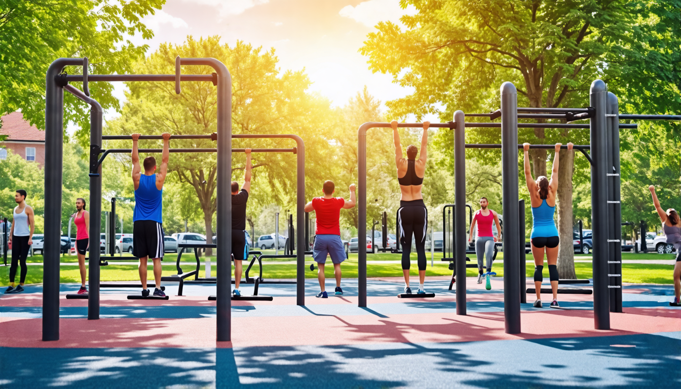 Create an image of a fitness park with various equipment, including pull-up bars, parallel bars, and dip bars, where individuals are performing different c