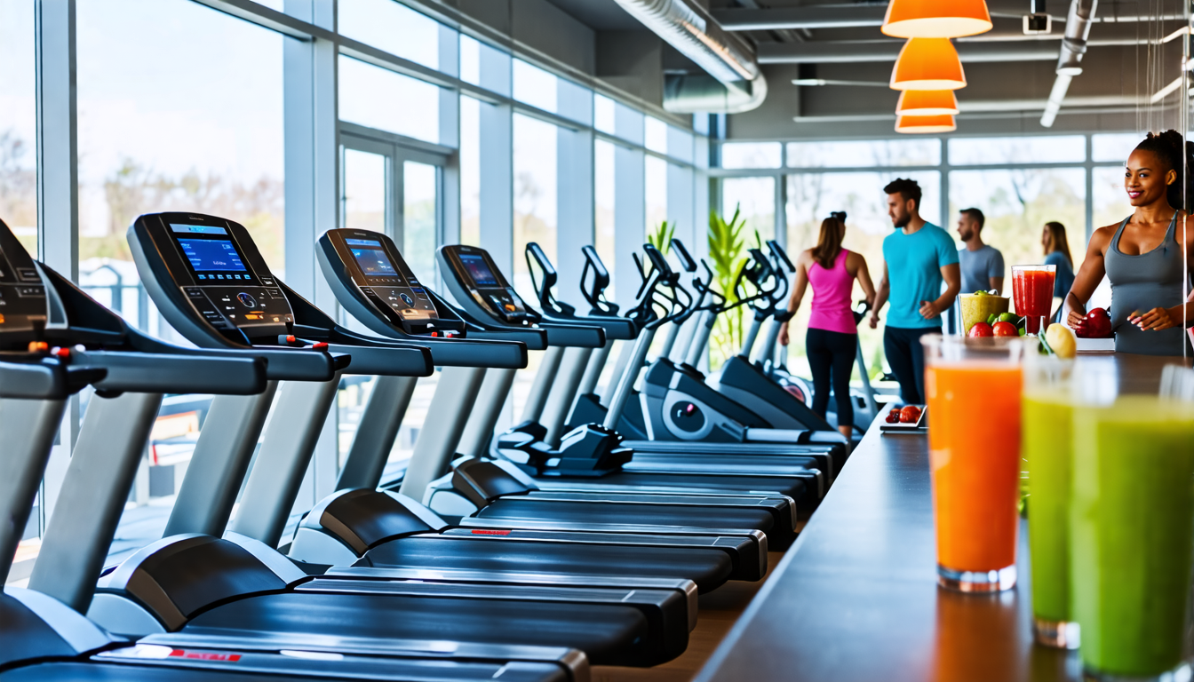 A modern gym setting featuring an array of high-tech cardio machines such as treadmills, stationary bikes, and elliptical trainers on one side. On the othe