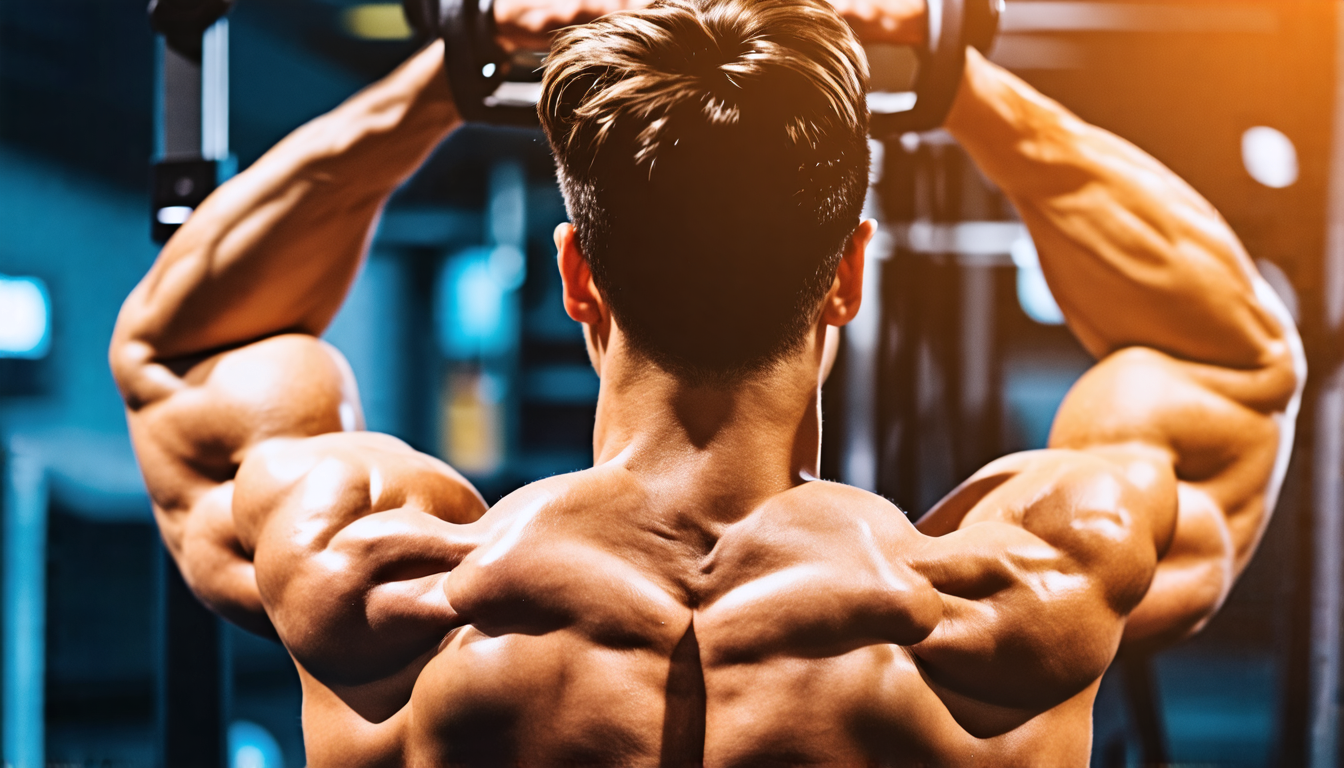 A highly detailed image of a person at the peak of a chin-up, clearly showcasing well-defined biceps and a muscular back. The backdrop features a high-qual
