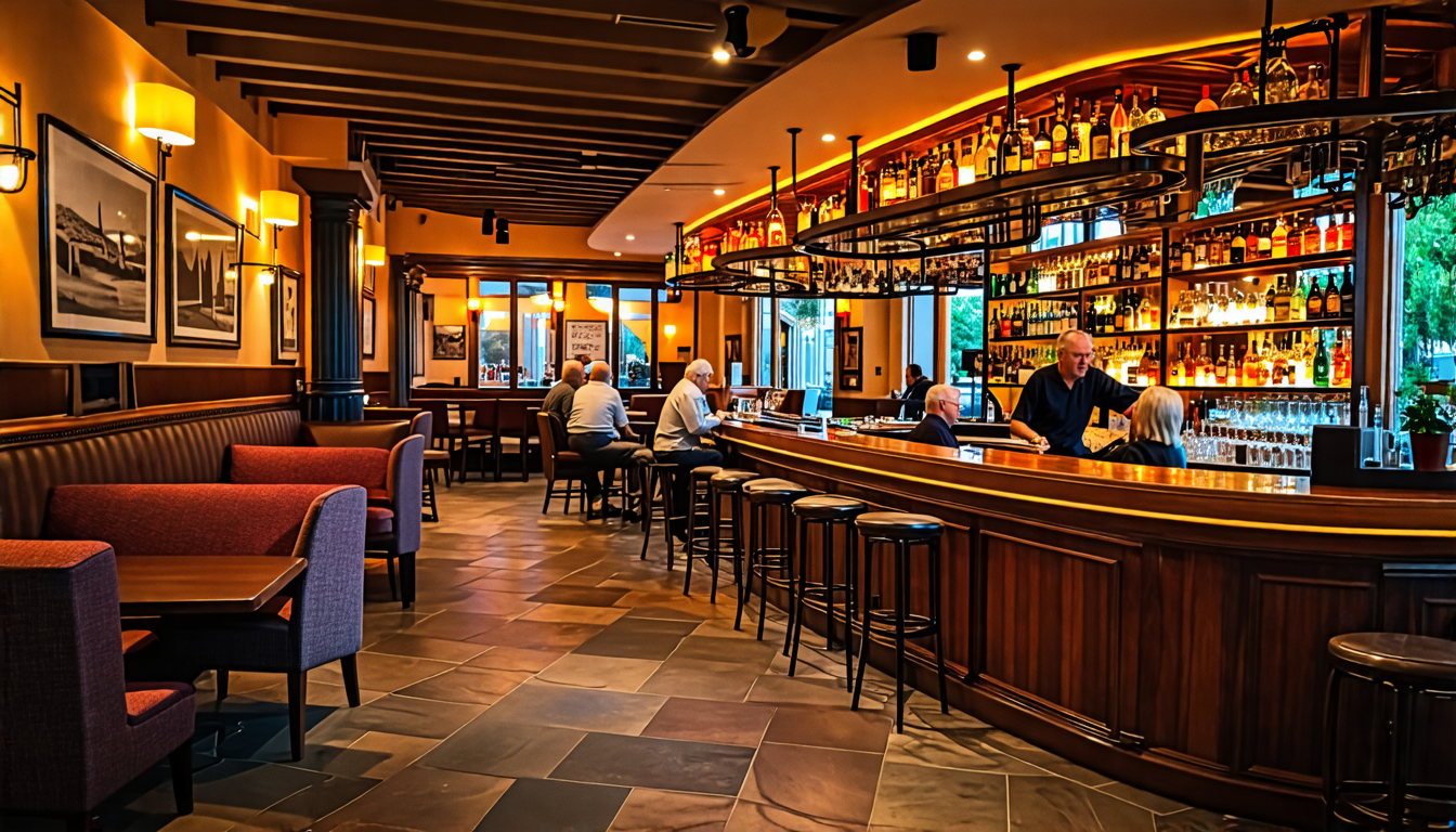 An inviting, warmly lit bar with comfortable seating, gentle ambient lighting, easy-to-read menus, and a friendly bartender interacting with older patrons