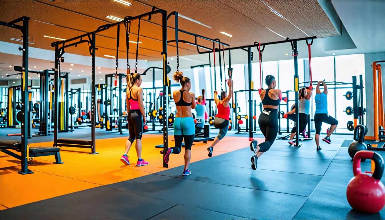 A vibrant gym scene showcasing a variety of fitness equipment including pull-up bars, weightlifting stations, resistance bands, and kettlebells, all being