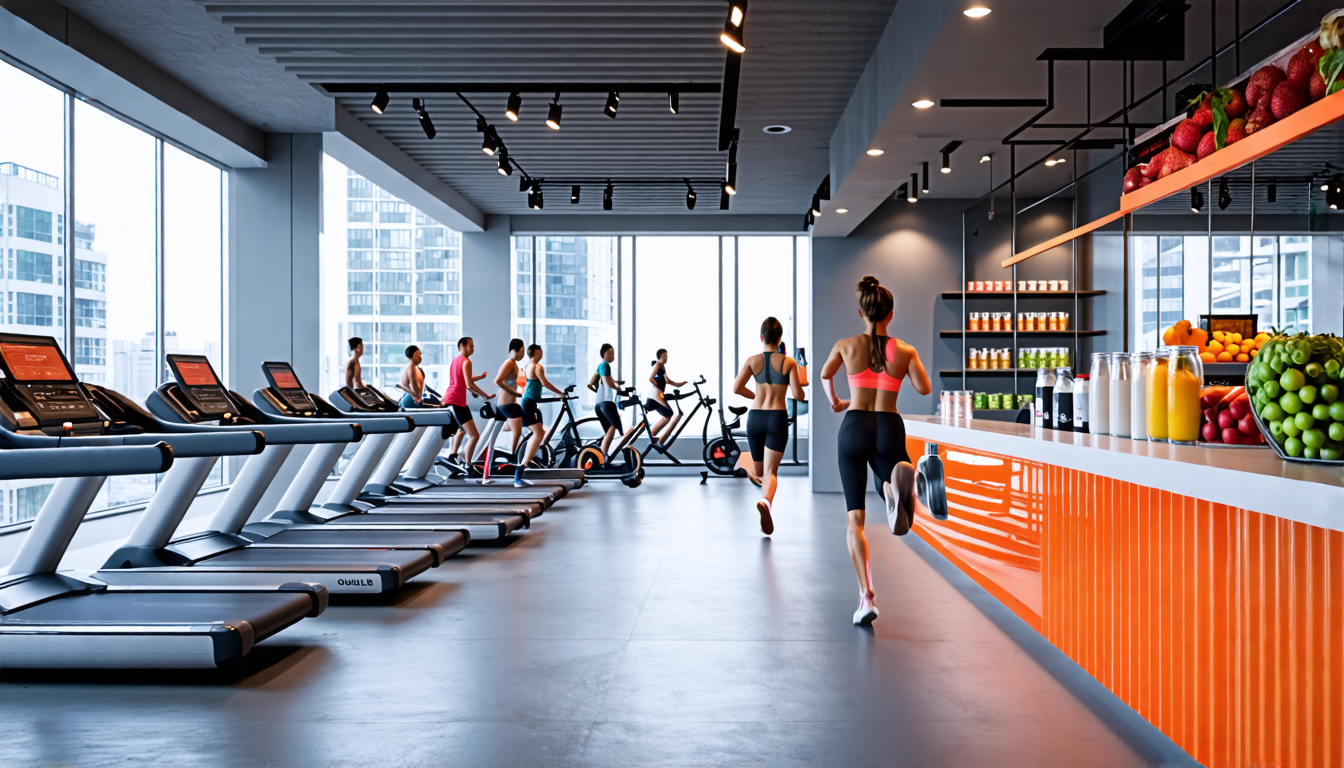 Create an image of a modern fitness studio where people are engaging in various cardio exercises like running on treadmills, cycling, and doing aerobic wor