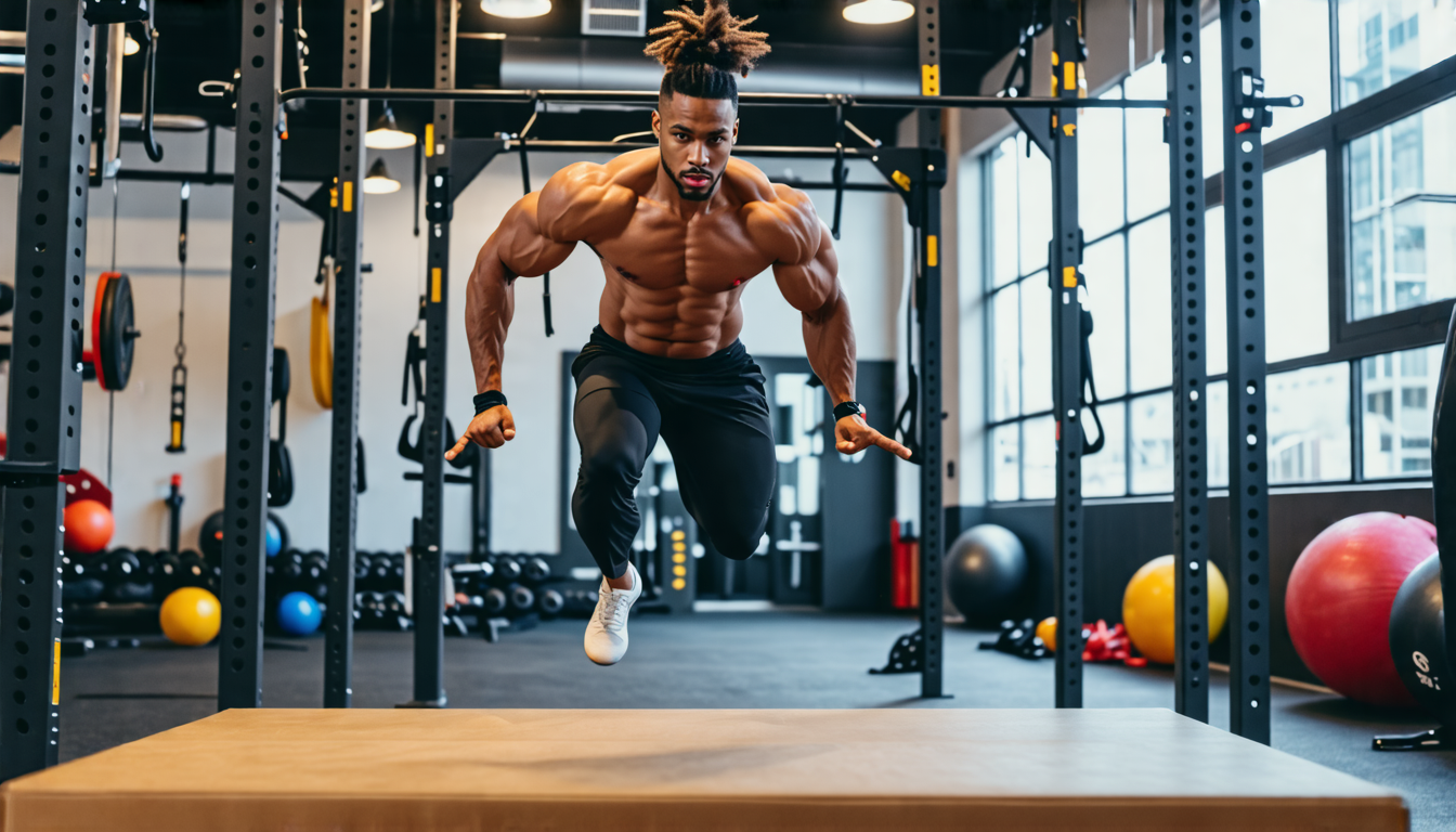 An image of a fit individual in an urban gym setting, performing explosive plyometric exercises like box jumps, while also incorporating bar workouts such