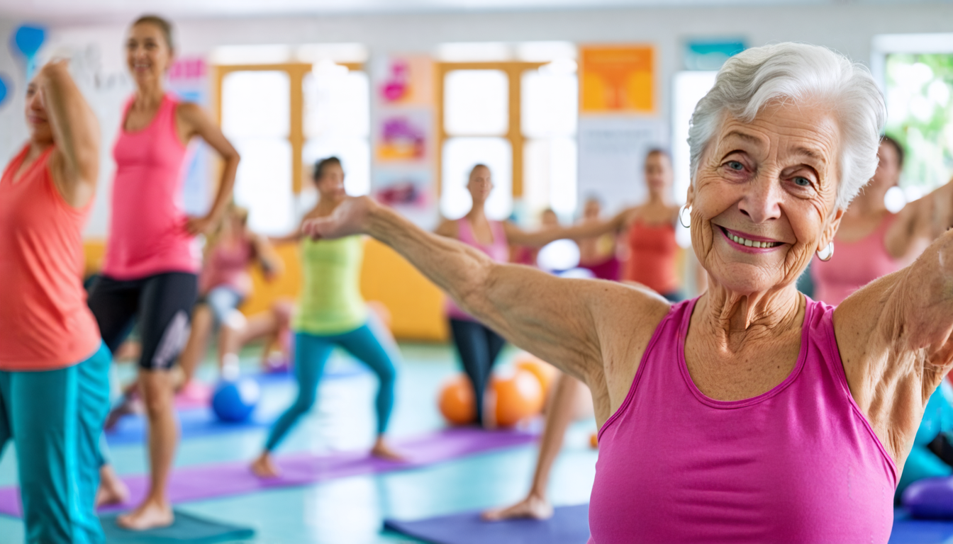 A vibrant community center gym filled with energetic senior citizens participating in various fitness activities like yoga, aerobics, and strength training