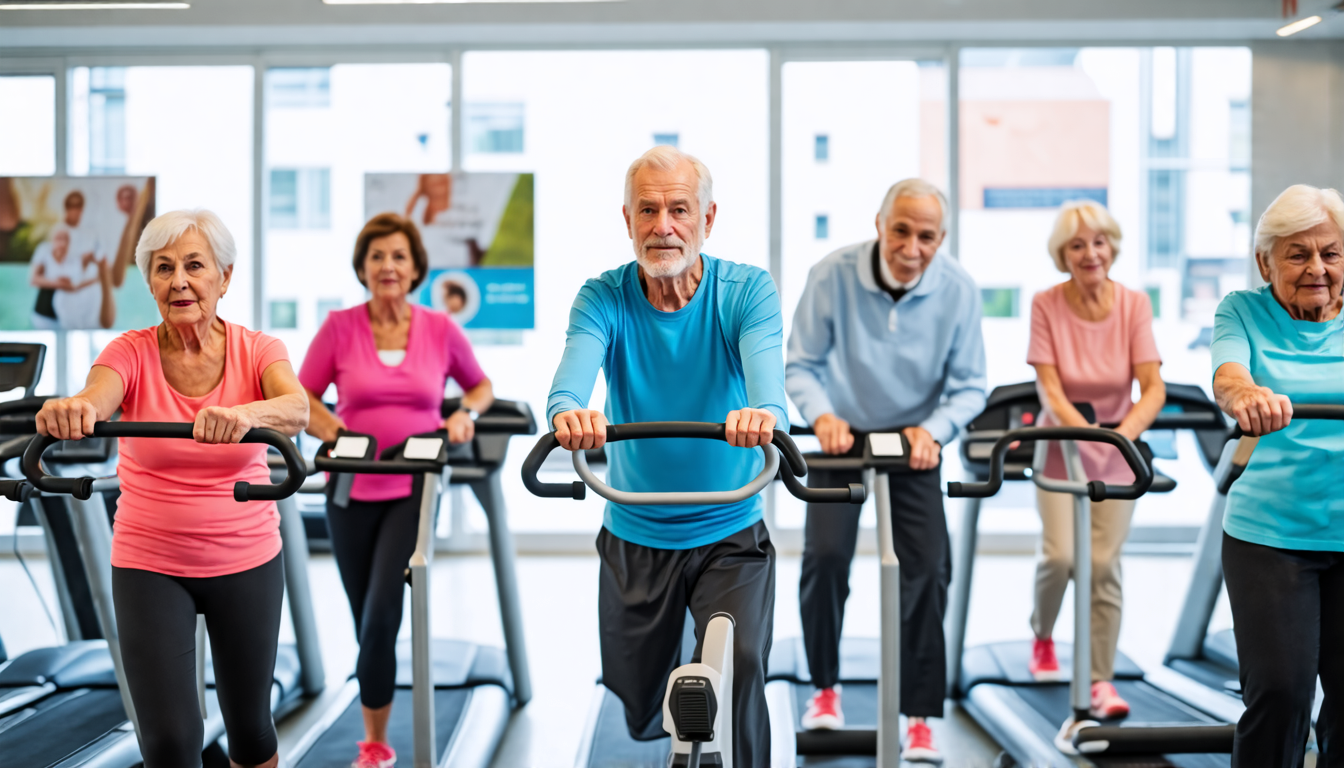 A group of diverse elderly individuals engaging with various bar exercise equipment in a modern fitness center. Each bar model has informative labels detai