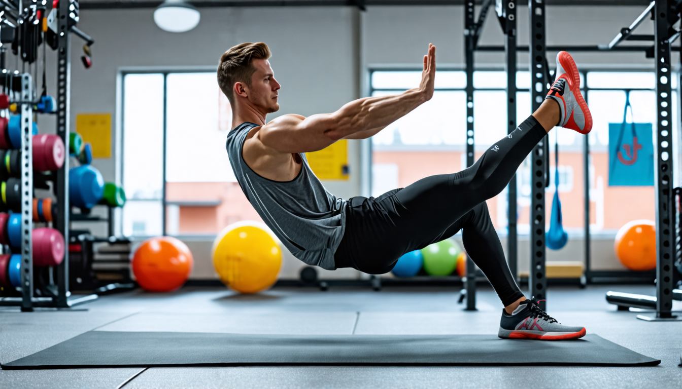 An athlete demonstrating advanced leg raise variations on a yoga mat in a modern gym setting, incorporating balance and strength techniques. The scene incl