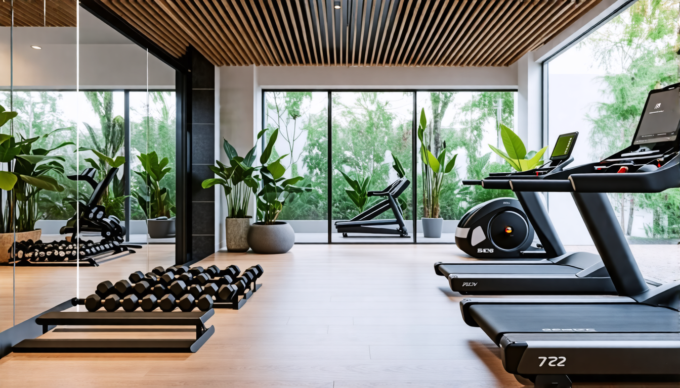 A modern, stylish home gym that combines both traditional fitness equipment like dumbbells and a treadmill with digital, high-tech gear such as a virtual f