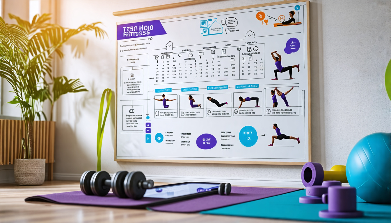 A cozy living room with fitness equipment such as dumbbells, resistance bands, and a yoga mat neatly arranged. A large whiteboard on the wall displays a de
